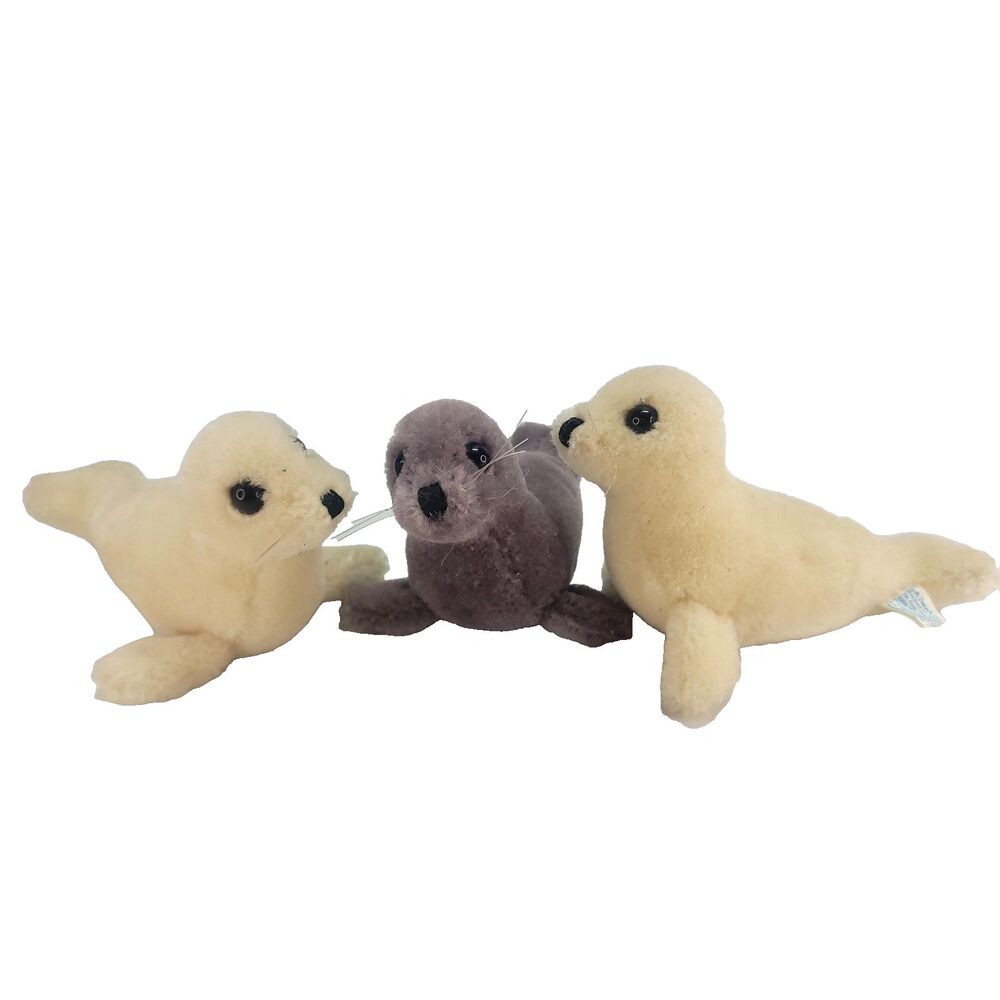 Vtg R Dakin Wool mini Seal Plush 5" Lot  1983 Cream & Gray seals